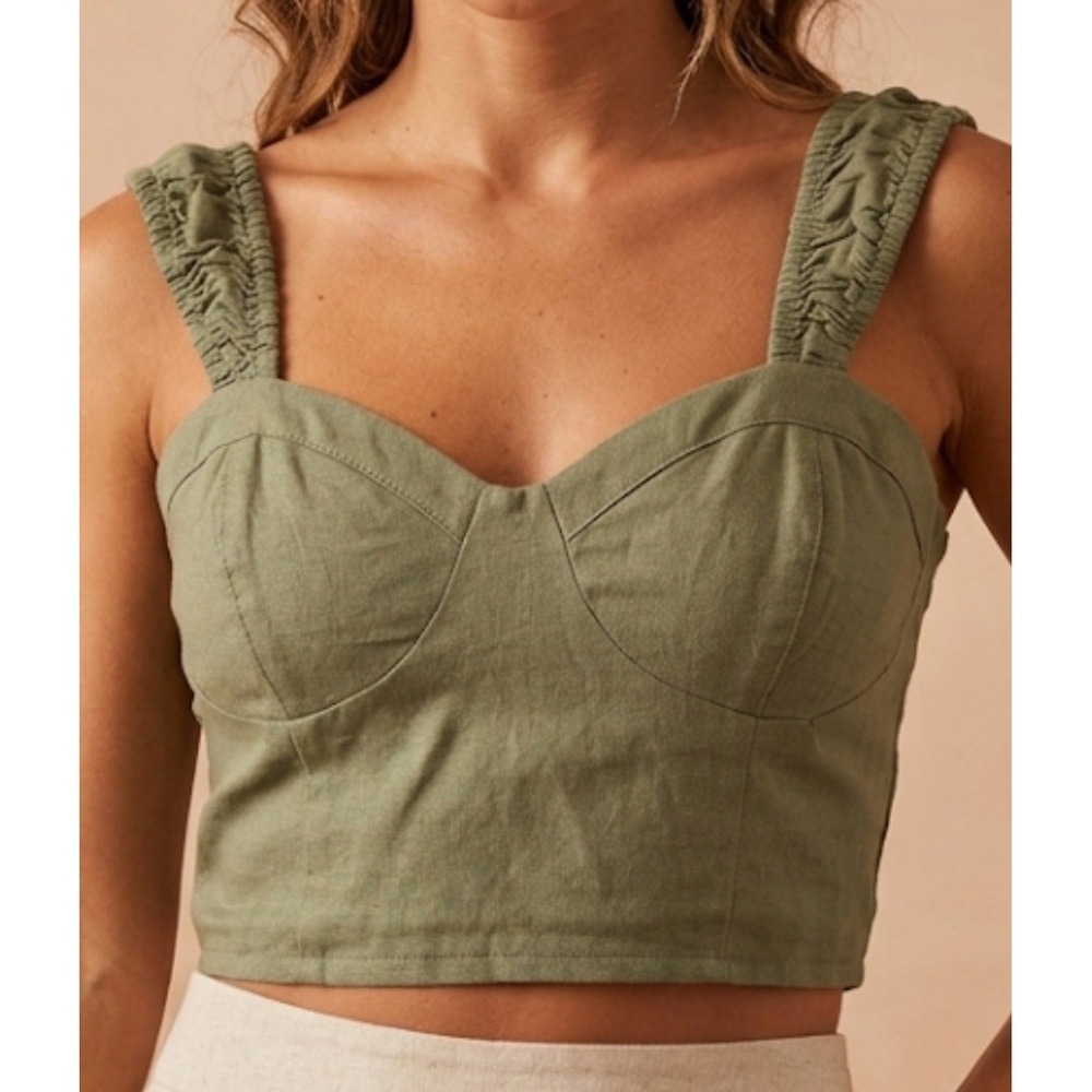 Midnight Sky sage green crop top wide frilled straps, a square neckline Size L